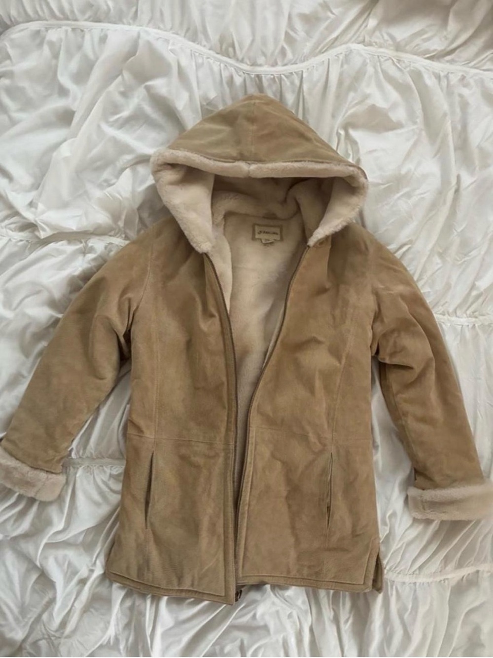 St. John's Bay Tan Hooded Faux-Suede Coat with Cream Sherpa Lining